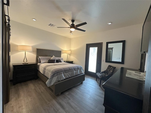 114495 S 4296th Rd, Porum, OK 74455 - bedroom with visible vents, wood finished floors, recessed lighting, and a ceiling fan