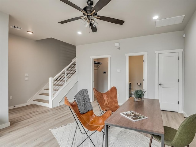 home office with light wood finished floors, visible vents, ceiling fan, and recessed lighting