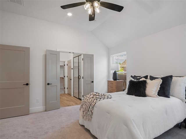 12712 NW 1st Ct, Yukon, OK 73099 - bedroom featuring baseboards, a ceiling fan, light carpet, and high vaulted ceiling