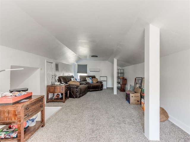 carpeted living room featuring vaulted ceiling and visible vents