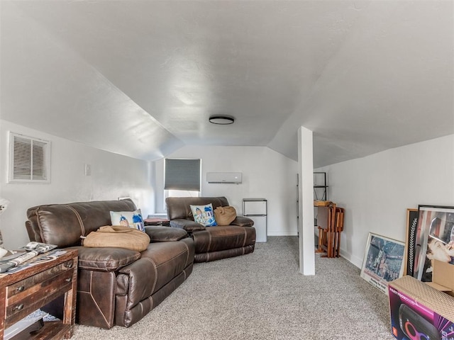 carpeted living room with baseboards, lofted ceiling, visible vents, and an AC wall unit