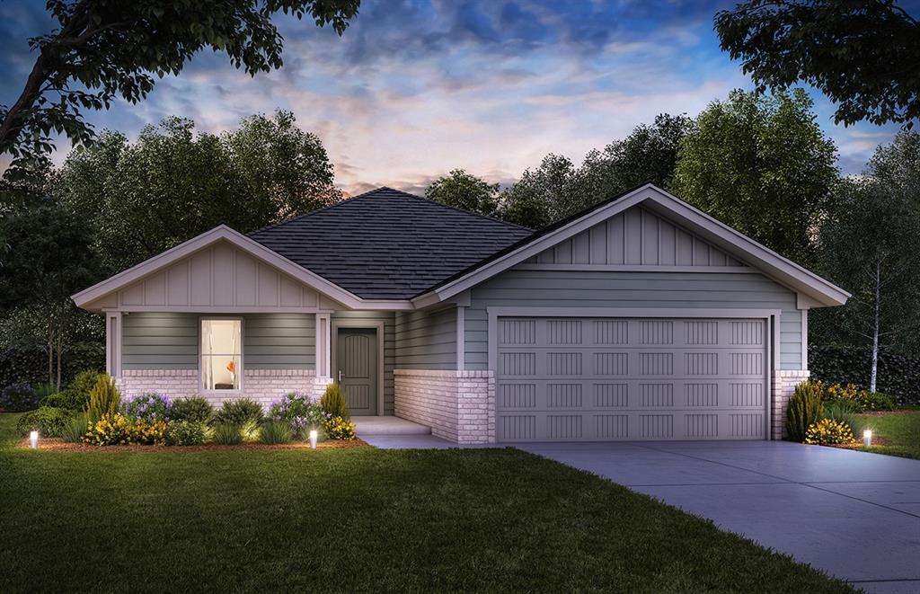 ranch-style home featuring concrete driveway, a garage, a front lawn, brick siding, and a shingled roof