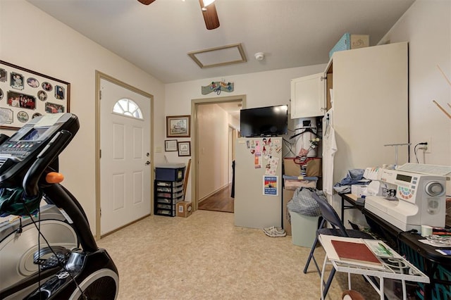 9122 Ns 3540th Rd, Prague, OK 74864 - office area featuring attic access, ceiling fan, and light floors