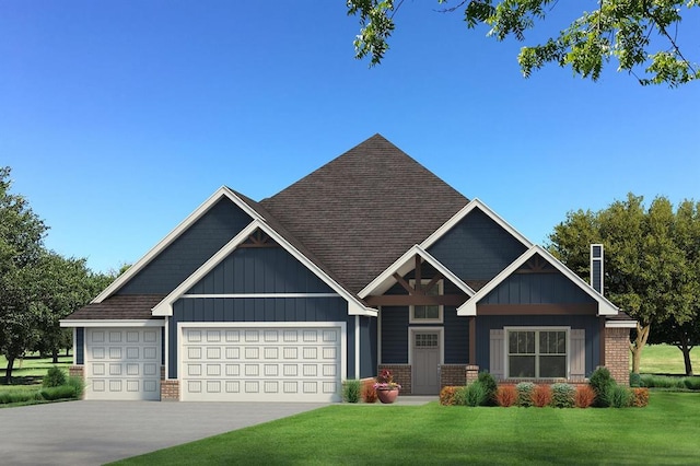 craftsman inspired home with board and batten siding, brick siding, a front yard, and an attached garage