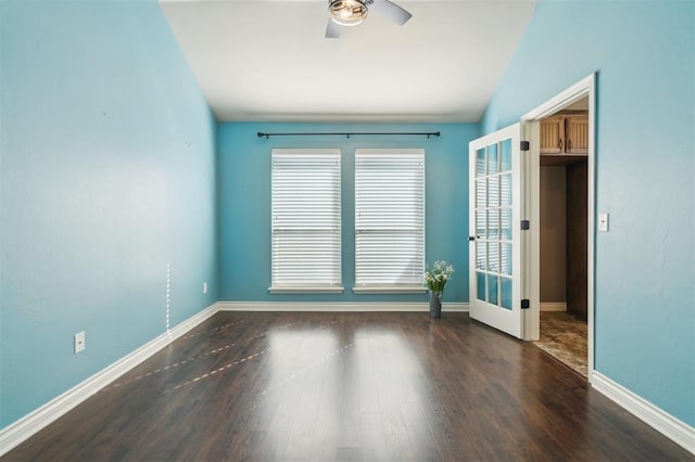 708 Havasu Dr, Norman, OK 73071 - unfurnished room featuring ceiling fan, baseboards, wood finished floors, lofted ceiling, and french doors
