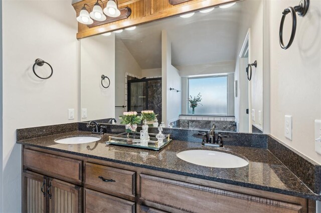 708 Havasu Dr, Norman, OK 73071 - full bathroom featuring double vanity and an enclosed shower
