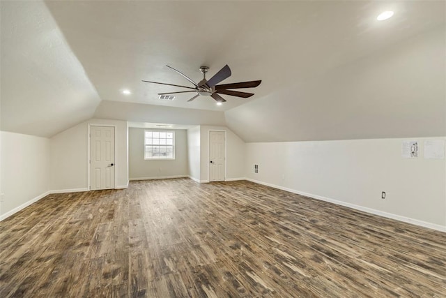 3311 Terrace Hills Rd, Piedmont, OK 73078 - additional living space featuring vaulted ceiling, a ceiling fan, baseboards, visible vents, and dark wood-type flooring