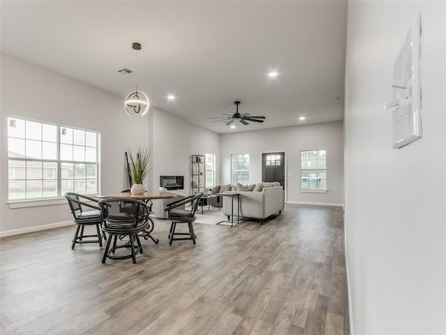 3100 NE 17th St, Oklahoma City, OK 73121 - dining area with light wood-style floors, baseboards, recessed lighting, and a ceiling fan