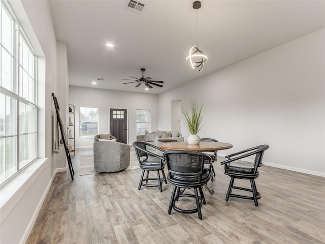 3100 NE 17th St, Oklahoma City, OK 73121 - dining space with light wood-style flooring, baseboards, a ceiling fan, and recessed lighting