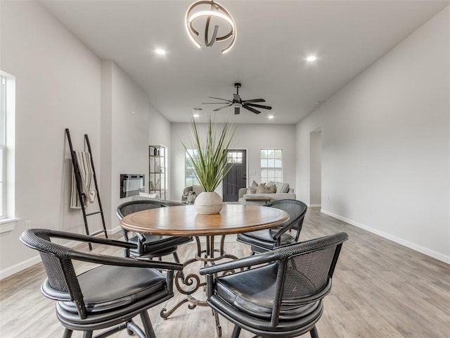 3100 NE 17th St, Oklahoma City, OK 73121 - dining room featuring light wood-style floors, baseboards, ceiling fan, and recessed lighting