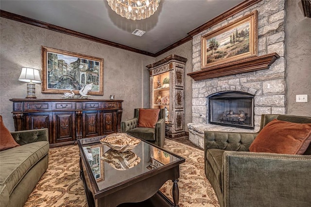 8301 NW 146th St, Oklahoma City, OK 73142 - living room featuring a stone fireplace, ornamental molding, a textured wall, and light carpet