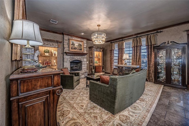 8301 NW 146th St, Oklahoma City, OK 73142 - living area with a textured wall, a fireplace, visible vents, and an inviting chandelier