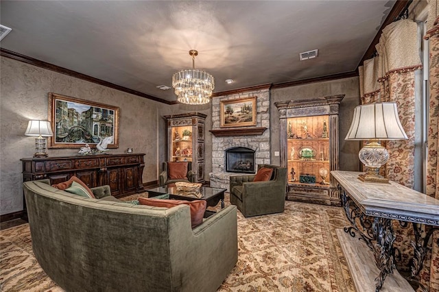 8301 NW 146th St, Oklahoma City, OK 73142 - living area featuring crown molding, a stone fireplace, baseboards, visible vents, and an inviting chandelier