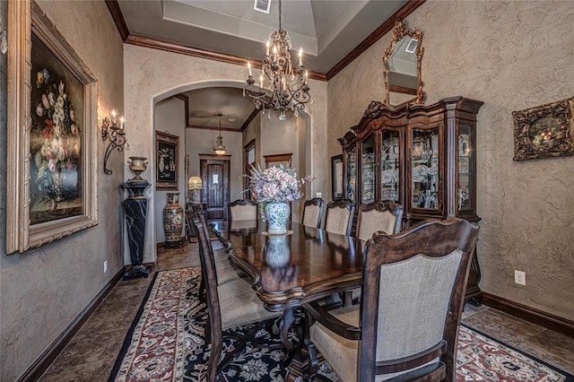 8301 NW 146th St, Oklahoma City, OK 73142 - dining space with ornamental molding, a textured wall, and arched walkways