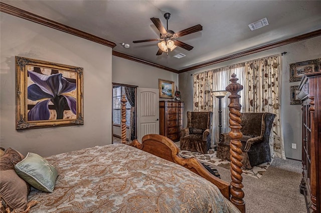 8301 NW 146th St, Oklahoma City, OK 73142 - carpeted bedroom featuring ornamental molding, visible vents, and a ceiling fan