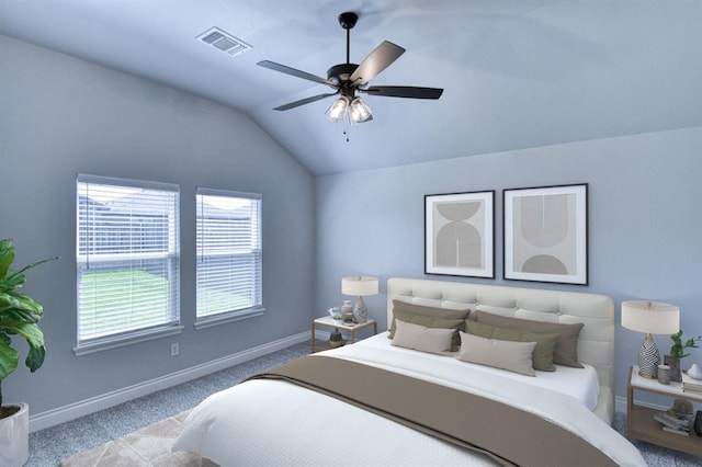 13412 Arrowhead Blvd, Yukon, OK 73099 - carpeted bedroom featuring a ceiling fan, visible vents, baseboards, and lofted ceiling