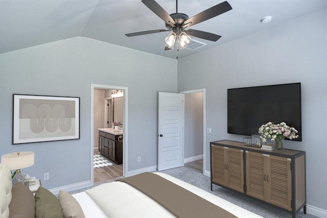 13412 Arrowhead Blvd, Yukon, OK 73099 - bedroom featuring wood finished floors, a ceiling fan, visible vents, baseboards, and vaulted ceiling