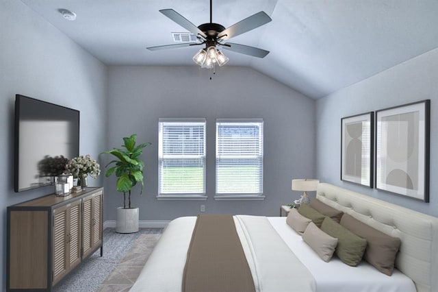 13412 Arrowhead Blvd, Yukon, OK 73099 - bedroom featuring carpet flooring, visible vents, baseboards, ceiling fan, and lofted ceiling