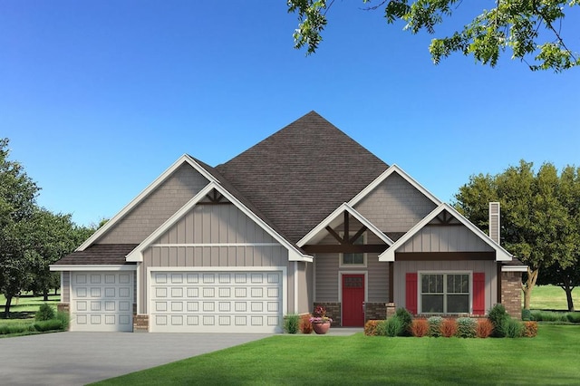 craftsman inspired home featuring a front yard, concrete driveway, a chimney, an attached garage, and board and batten siding