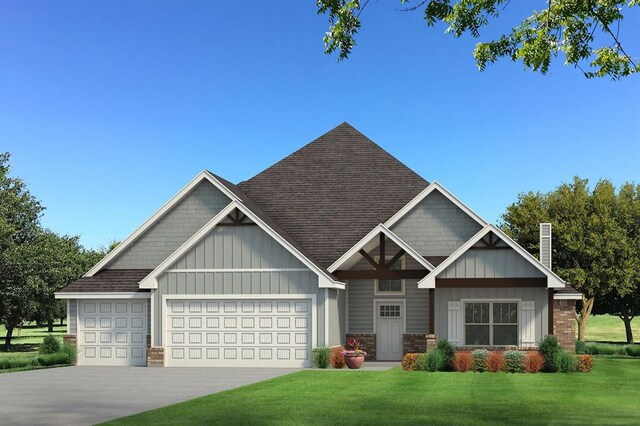 craftsman-style house featuring driveway, a front yard, board and batten siding, a shingled roof, and a garage