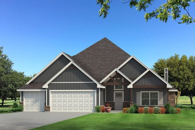 craftsman-style house with board and batten siding, driveway, a garage, and a front lawn
