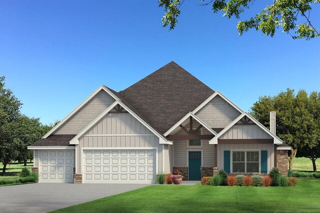 craftsman-style home with a chimney, a garage, concrete driveway, a front yard, and board and batten siding