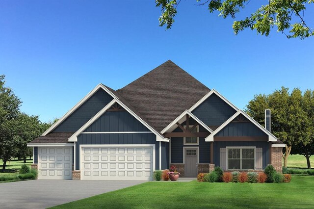 craftsman-style home featuring brick siding, a garage, board and batten siding, and a front yard