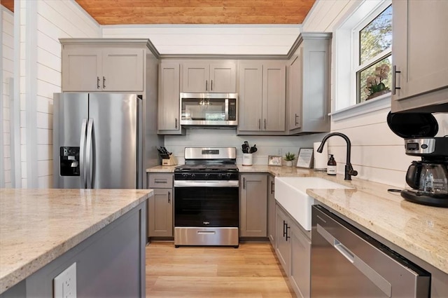 203 Secluded Cir, Broken Bow, OK 74728 - kitchen with appliances with stainless steel finishes, gray cabinetry, light wood-style flooring, and wooden ceiling