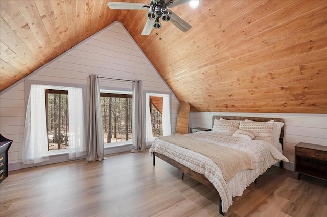 203 Secluded Cir, Broken Bow, OK 74728 - bedroom with wood walls, wooden ceiling, lofted ceiling, wood finished floors, and ceiling fan