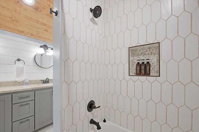 203 Secluded Cir, Broken Bow, OK 74728 - full bath featuring vanity, shower / bath combination, and wood walls
