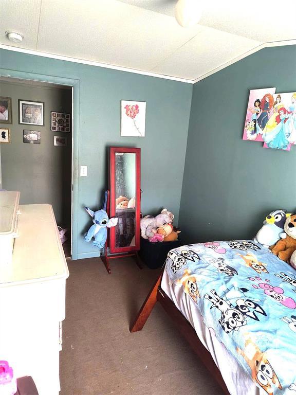carpeted bedroom featuring vaulted ceiling and ornamental molding