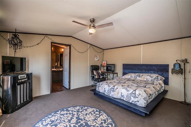 bedroom featuring lofted ceiling, carpet floors, ceiling fan, and ensuite bathroom