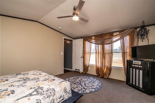 bedroom with lofted ceiling, a ceiling fan, visible vents, and carpet floors