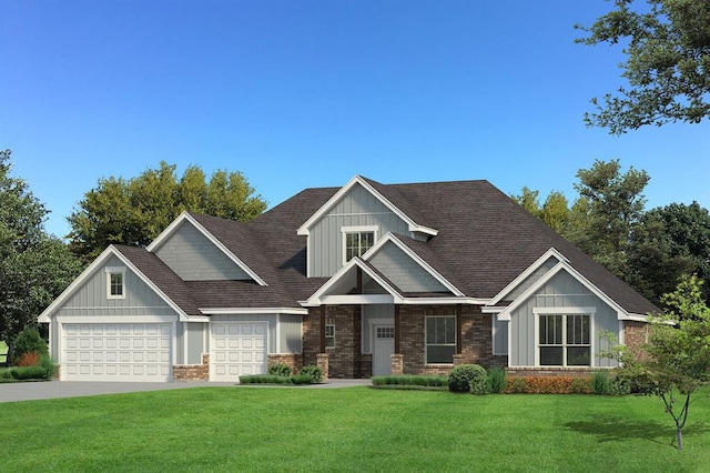 craftsman-style home featuring concrete driveway, brick siding, board and batten siding, a front lawn, and a garage