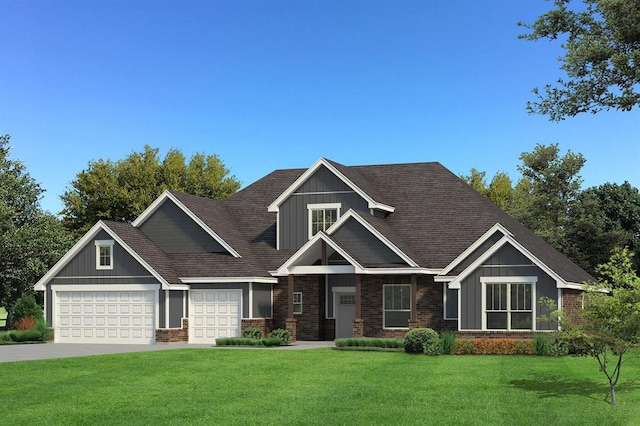 craftsman-style house featuring a front lawn, brick siding, driveway, and board and batten siding
