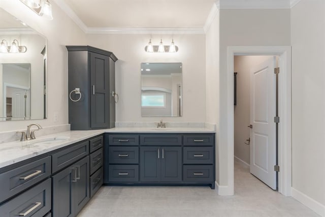 15632 Flora Ave, Edmond, OK 73013 - full bathroom featuring double vanity, ornamental molding, baseboards, and tile patterned floors