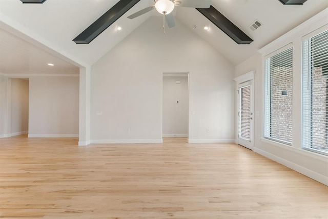 15632 Flora Ave, Edmond, OK 73013 - unfurnished living room with light wood-style floors, healthy amount of natural light, ceiling fan, high vaulted ceiling, and recessed lighting