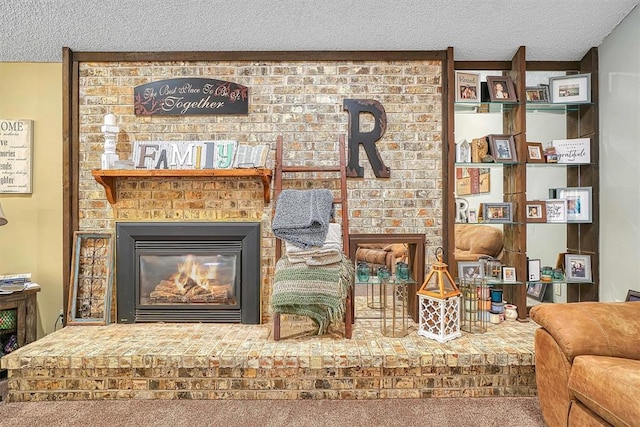 sitting room featuring carpet, a fireplace, and a textured ceiling