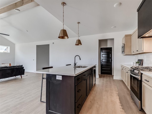 12909 NW 143rd St, Piedmont, OK 73078 - kitchen with appliances with stainless steel finishes, a sink, vaulted ceiling, light countertops, and a kitchen island with sink