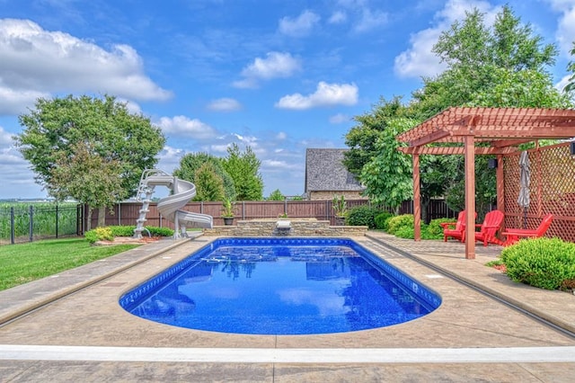 393 Haloka Ave, Washington, OK 73093 - view of swimming pool with a pergola, a water slide, and a fenced backyard