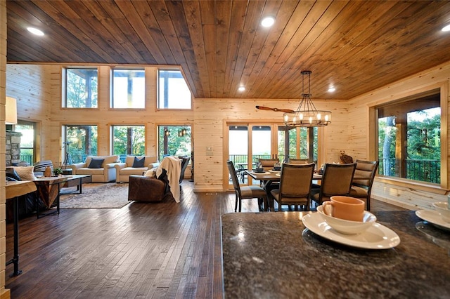 357 Little Creek Ln, Broken Bow, OK 74728 - dining space featuring dark wood-type flooring, wood walls, recessed lighting, and wooden ceiling