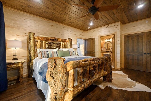 357 Little Creek Ln, Broken Bow, OK 74728 - bedroom with wood walls, wood ceiling, and hardwood / wood-style flooring