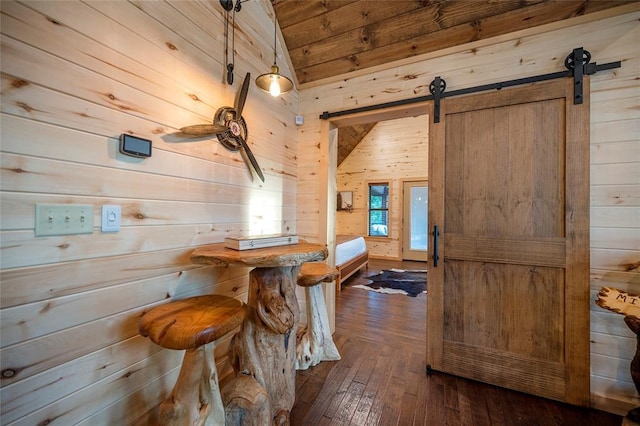 357 Little Creek Ln, Broken Bow, OK 74728 - interior space with hardwood / wood-style floors, wooden walls, and vaulted ceiling