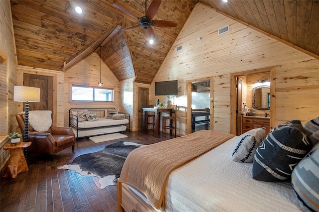 357 Little Creek Ln, Broken Bow, OK 74728 - bedroom featuring visible vents, wood walls, wooden ceiling, and hardwood / wood-style flooring