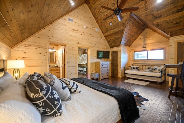 357 Little Creek Ln, Broken Bow, OK 74728 - bedroom with hardwood / wood-style floors, high vaulted ceiling, wooden walls, and wood ceiling