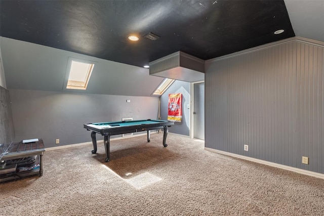 game room featuring baseboards, lofted ceiling, pool table, and carpet flooring