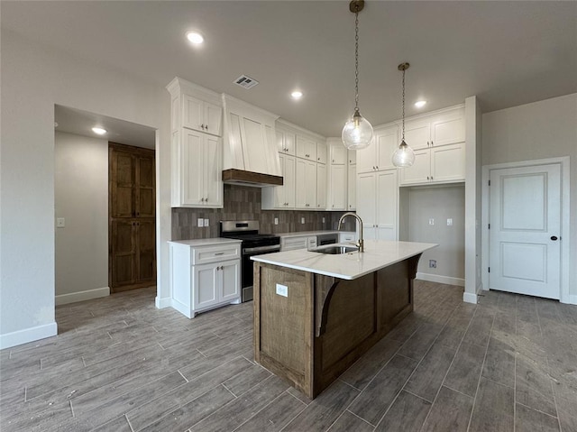 2420 Northfork Dr, Moore, OK 73160 - kitchen with stainless steel electric stove, a sink, premium range hood, wood tiled floors, and recessed lighting