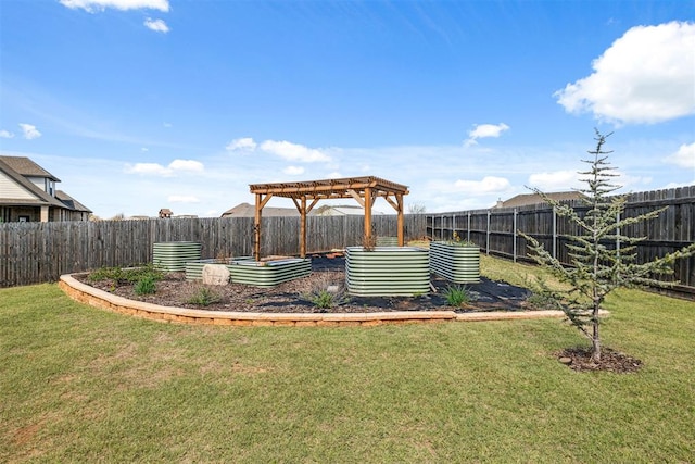 view of yard featuring a fenced backyard and a pergola