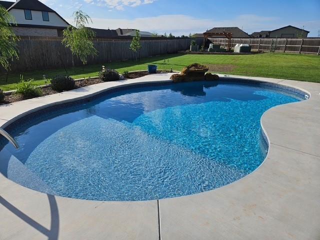 view of swimming pool with a fenced backyard, a fenced in pool, and a yard
