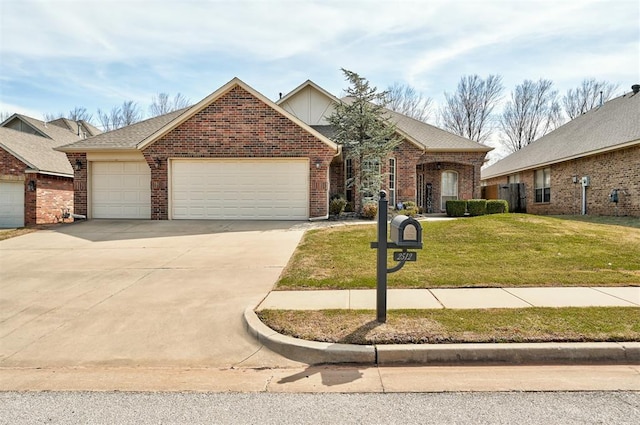 view of front of property with a front yard, concrete driveway, brick siding, a shingled roof, and a garage